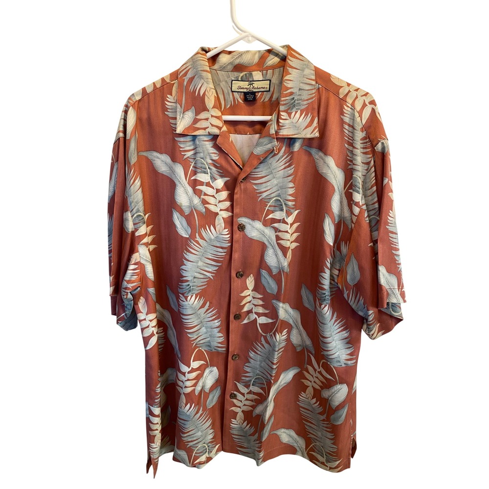 Tommy Bahama Mens Silk Camp Shirt Orange Tropical Leaf Print Short Sleeve Size L
